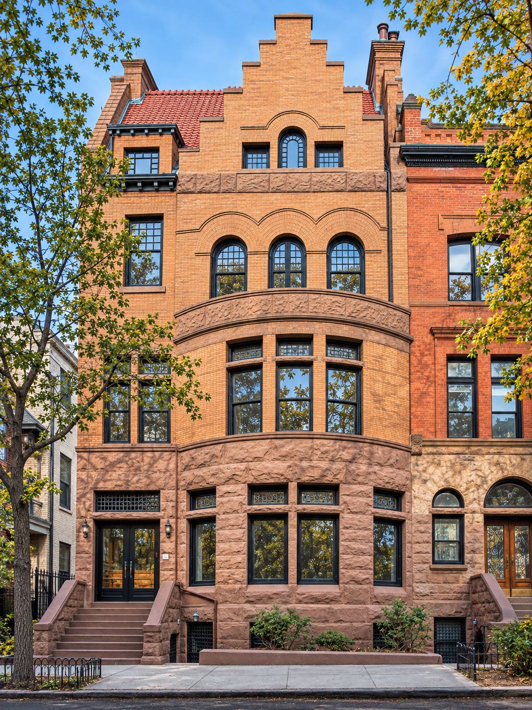 Front facade of 11 Montgomery Place in Park Slope with arched upper floor windows